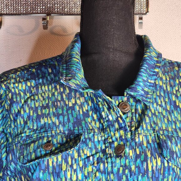 Attyre New York Blue Green Yellow Abstract Rayon Nylon Span Adj Waist Jacket XL - Picture 5 of 16